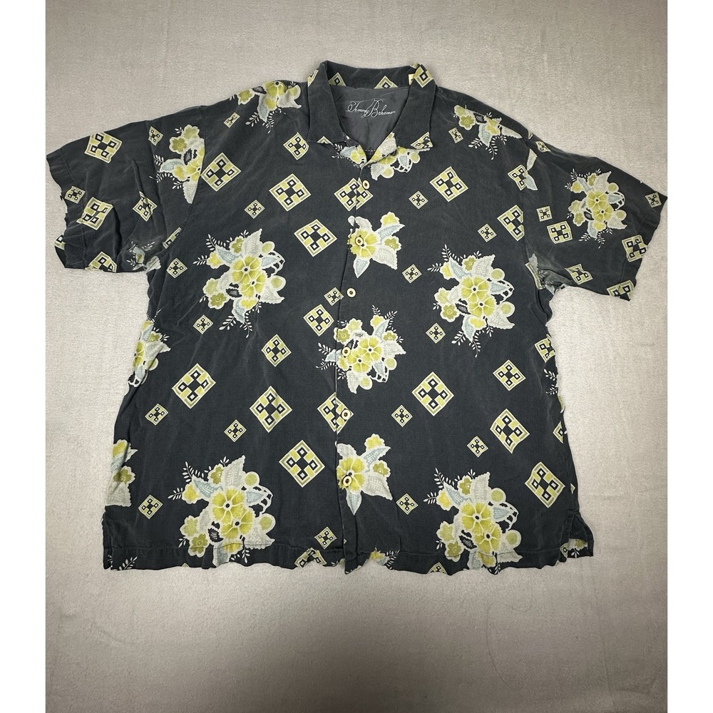 Vintage Tommy Bahama Mens 2XL Floral Geometric Tropical Short Sleeve Silk Shirt